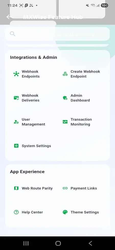Wise Clone 22 Mobile admin feature hub displaying webhook management, transaction monitoring, user administration, system settings, payment links, help center, and application configuration tools.