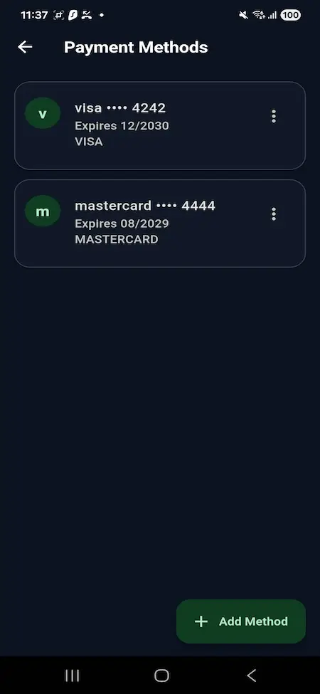Wise Clone 21 Mobile payment methods screen displaying saved Visa and Mastercard cards, card management options, secure payment settings, and add payment method functionality.