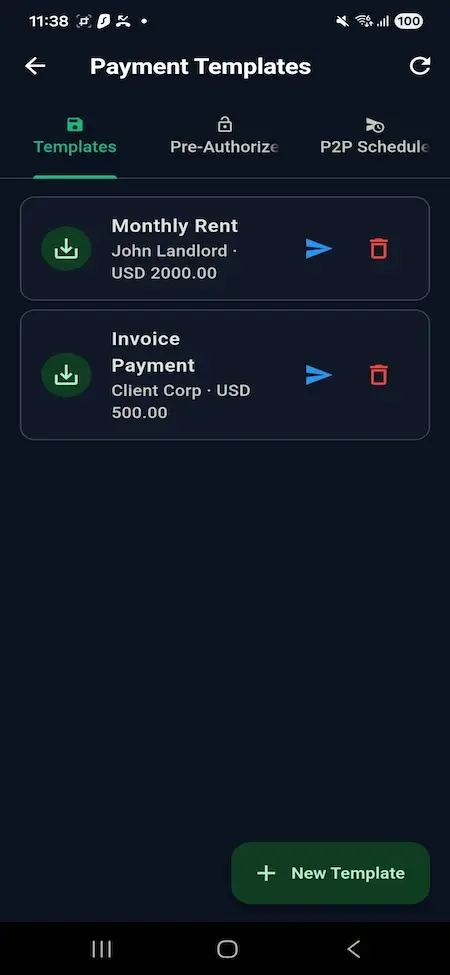 Wise Clone 19 Mobile payment templates screen displaying recurring payment setups, rent payments, invoice templates, pre-authorized transactions, and scheduled payment management.