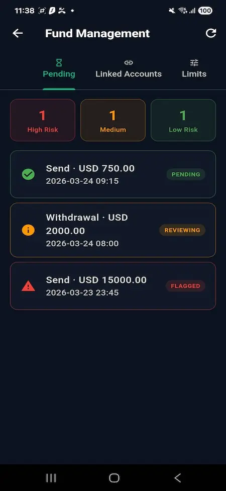 Wise Clone 18 Mobile fund management dashboard displaying pending transfers, withdrawal reviews, flagged transactions, linked accounts, spending limits, and risk-level monitoring.