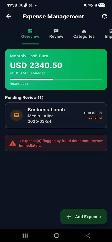 Wise Clone 17 Mobile expense management dashboard showing budget utilization, pending expense approvals, fraud detection alerts, expense categories, and business spending controls.