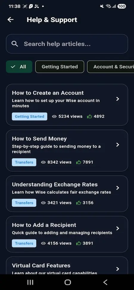 Wise Clone 16 Mobile help and support center screen featuring knowledge base articles, account setup guides, money transfer help, exchange rate information, and customer support resources.
