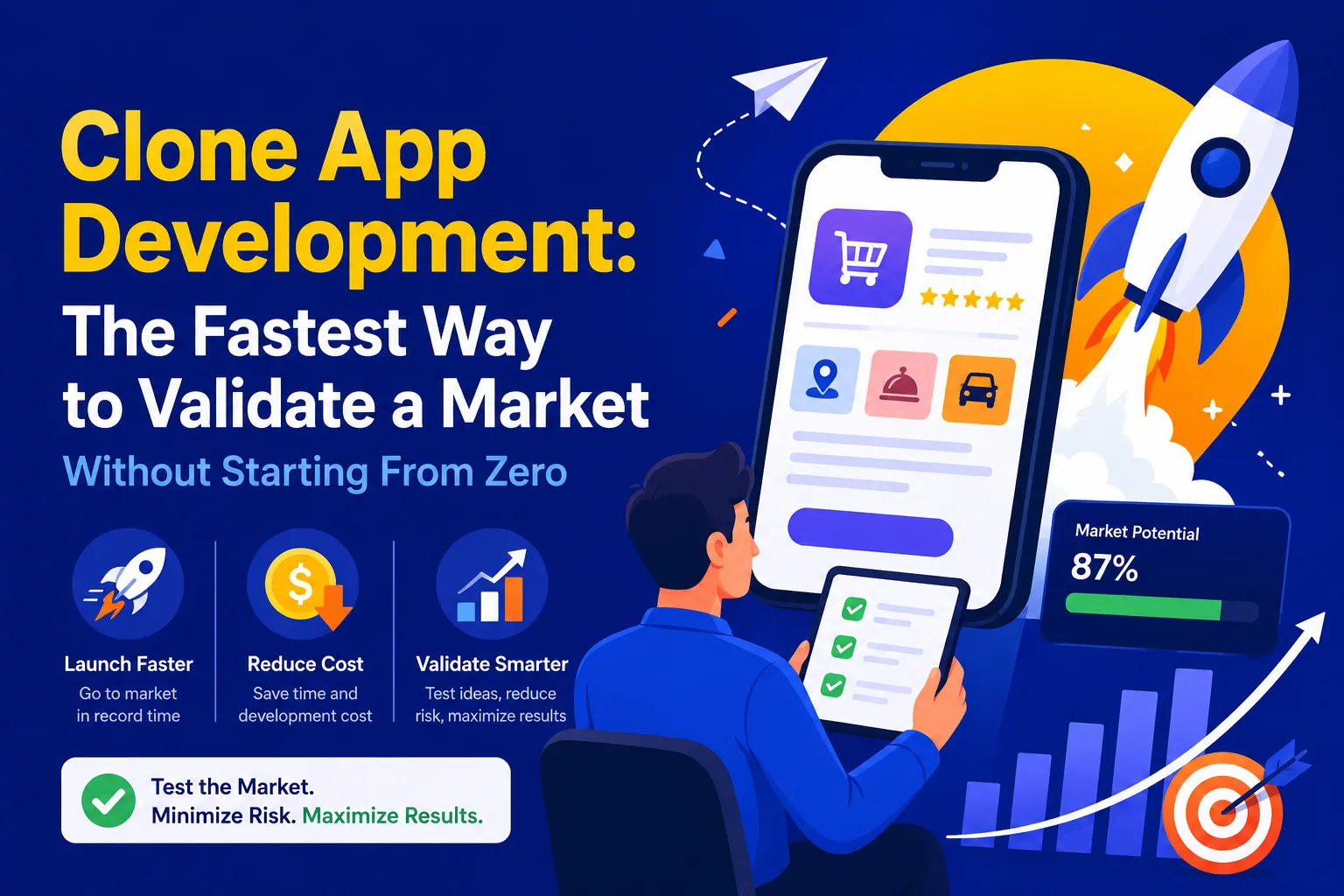 Clone app development featured image showing a mobile app launch, market validation, reduced cost, faster deployment, and market potential growth.
