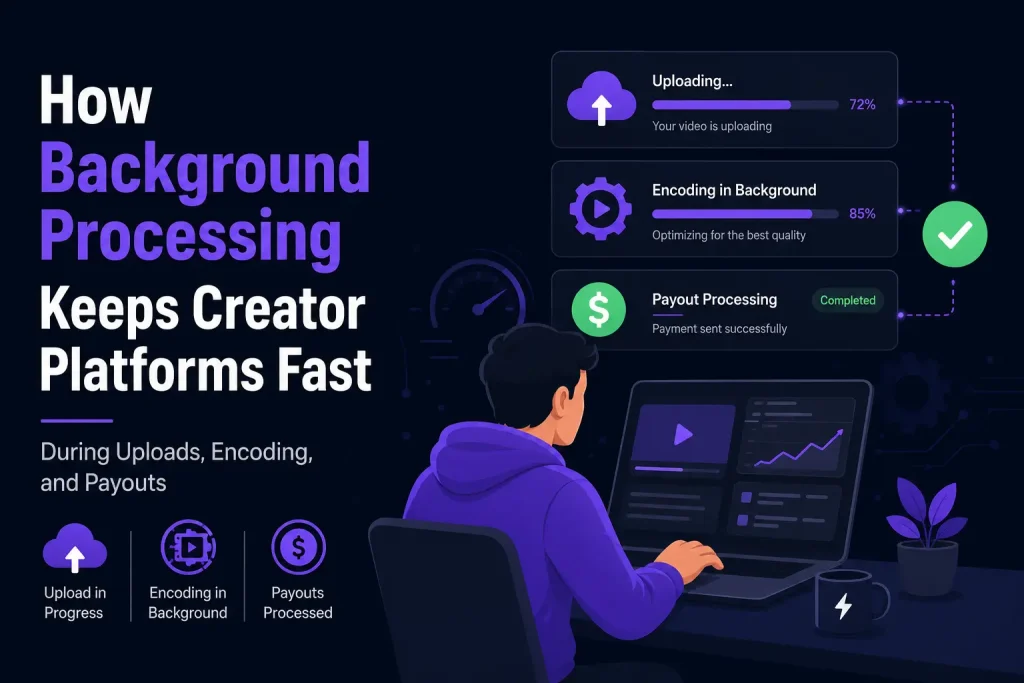 Illustration of a creator platform processing uploads, video encoding, and payouts in the background while a creator works on a dashboard.
