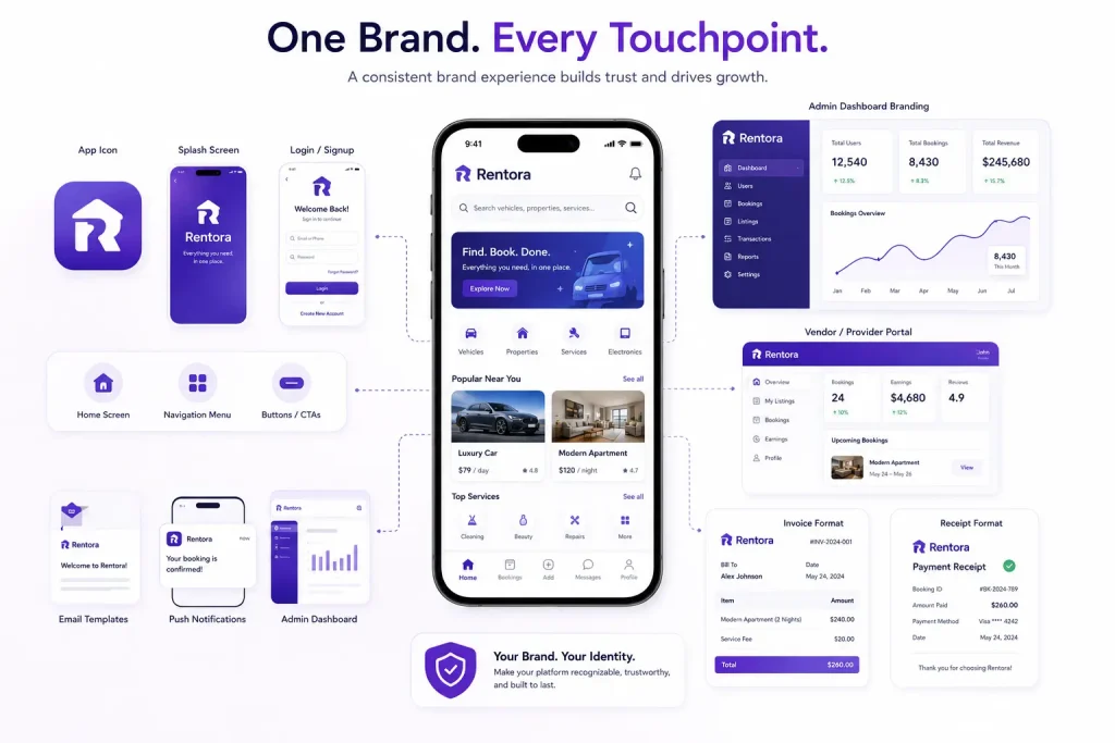 How to Customize a Clone App to Create a Unique Brand Experience 1 Branding customization graphic showing consistent app branding across mobile app screens, dashboards, emails, notifications, invoices, and receipts