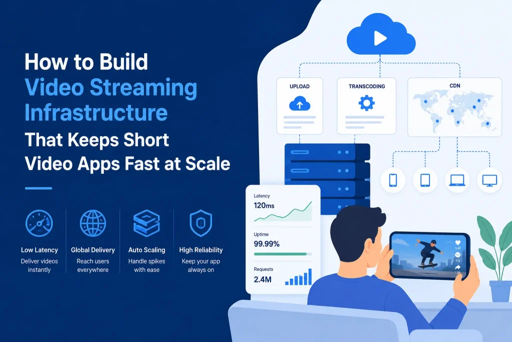 Illustration showing video streaming infrastructure for short-video apps with upload, transcoding, CDN delivery, auto scaling, low latency, and global video playback across multiple devices.