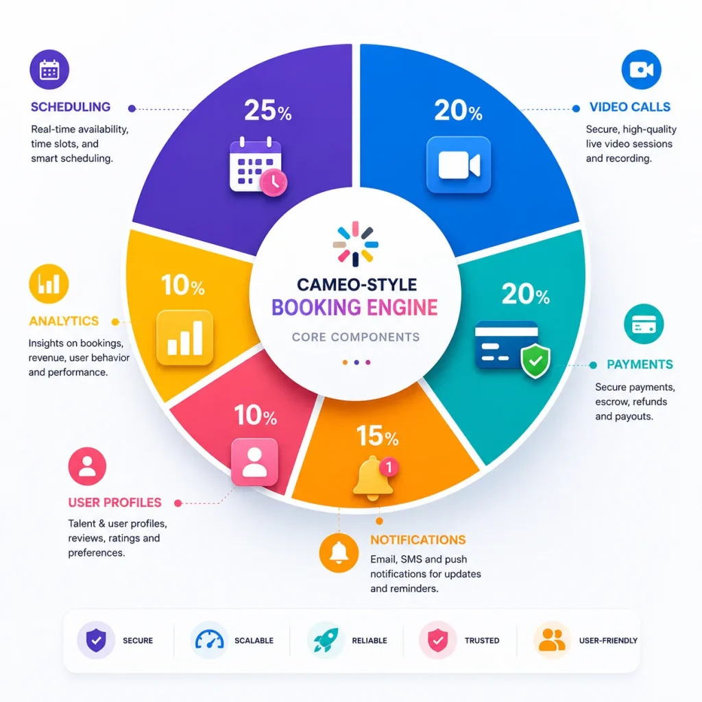 Cameo-style booking engine infographic showing scheduling, video calls, payments, notifications, analytics, and user management components