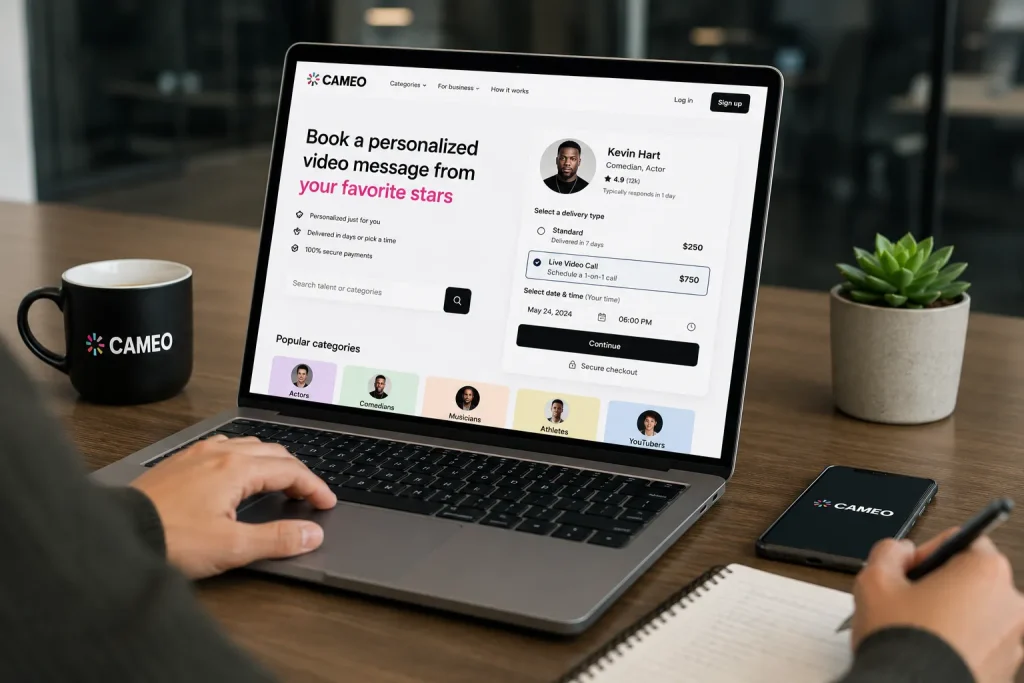 Cameo-style live video booking platform for personalized celebrity video calls and secure scheduling