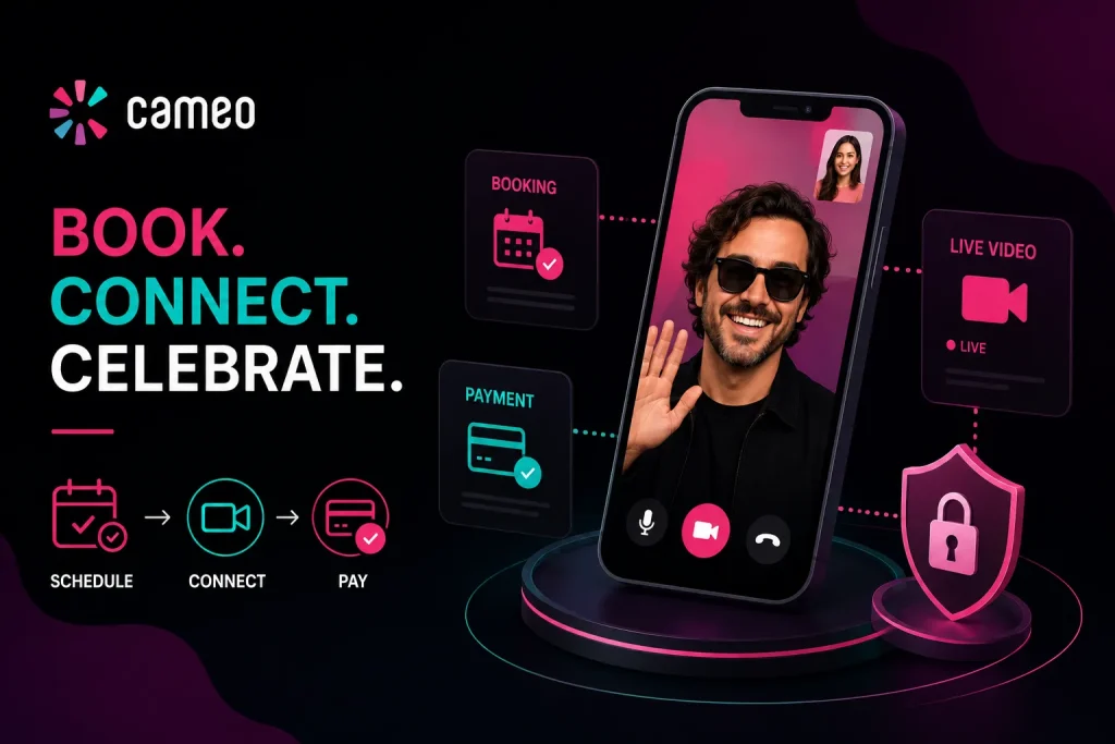 Cameo-style live video booking platform with scheduling, secure payments, and celebrity video call connection
