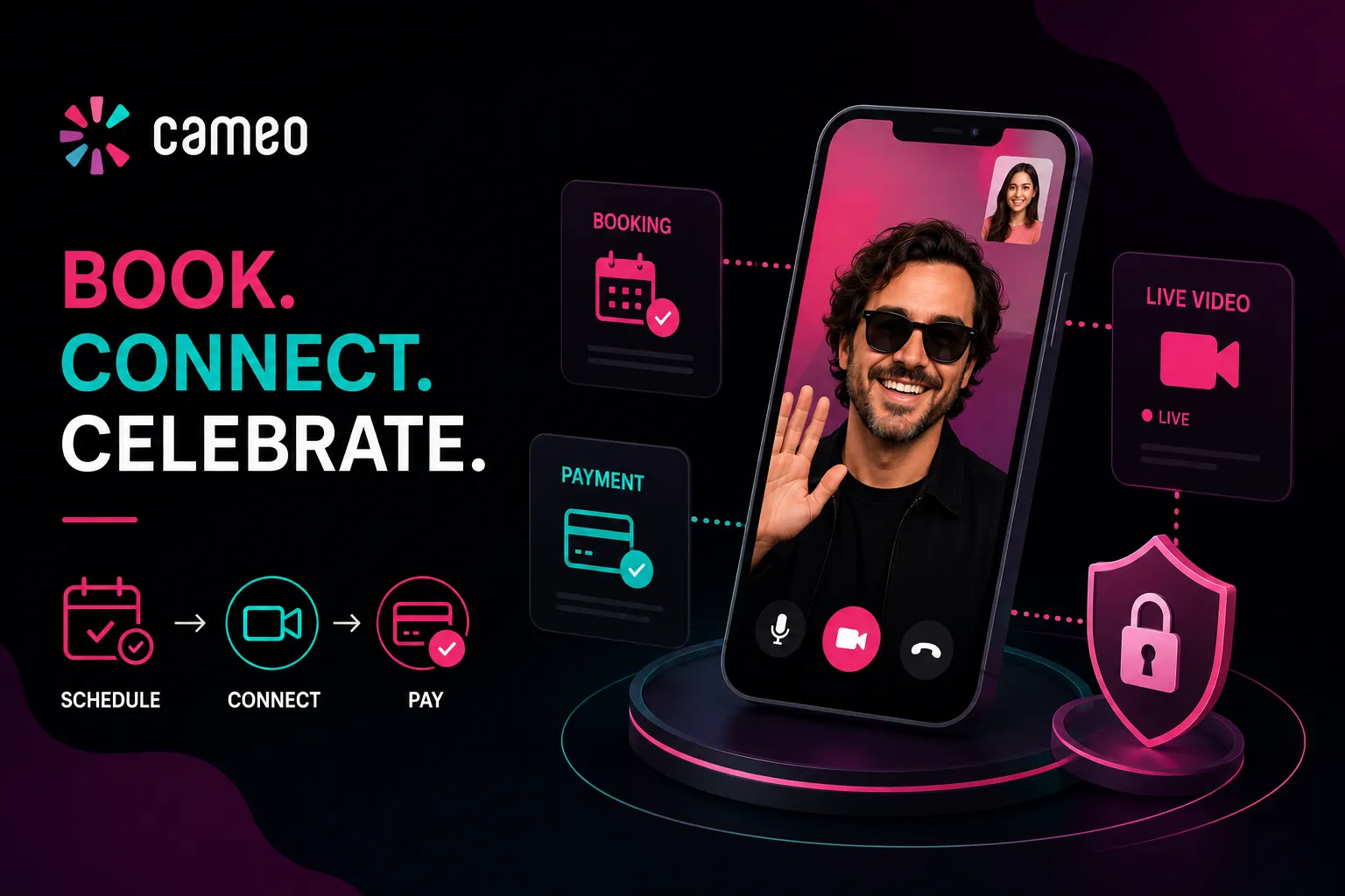 Cameo booking engine schematic: Schedule, connect, trend in bold text, booking flow connecting video icons, male smiling on phone. Celebrity booking platform overview.