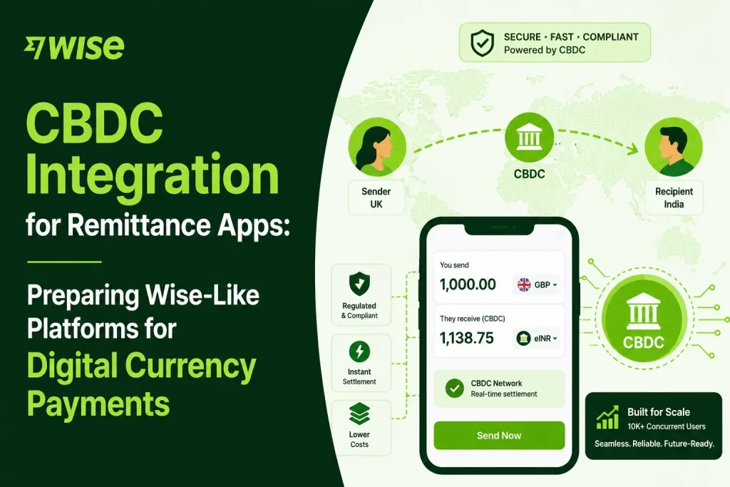 CBDC integration for remittance apps showing Wise-like digital currency payments, sender to recipient transfer flow, compliance, instant settlement, and lower costs