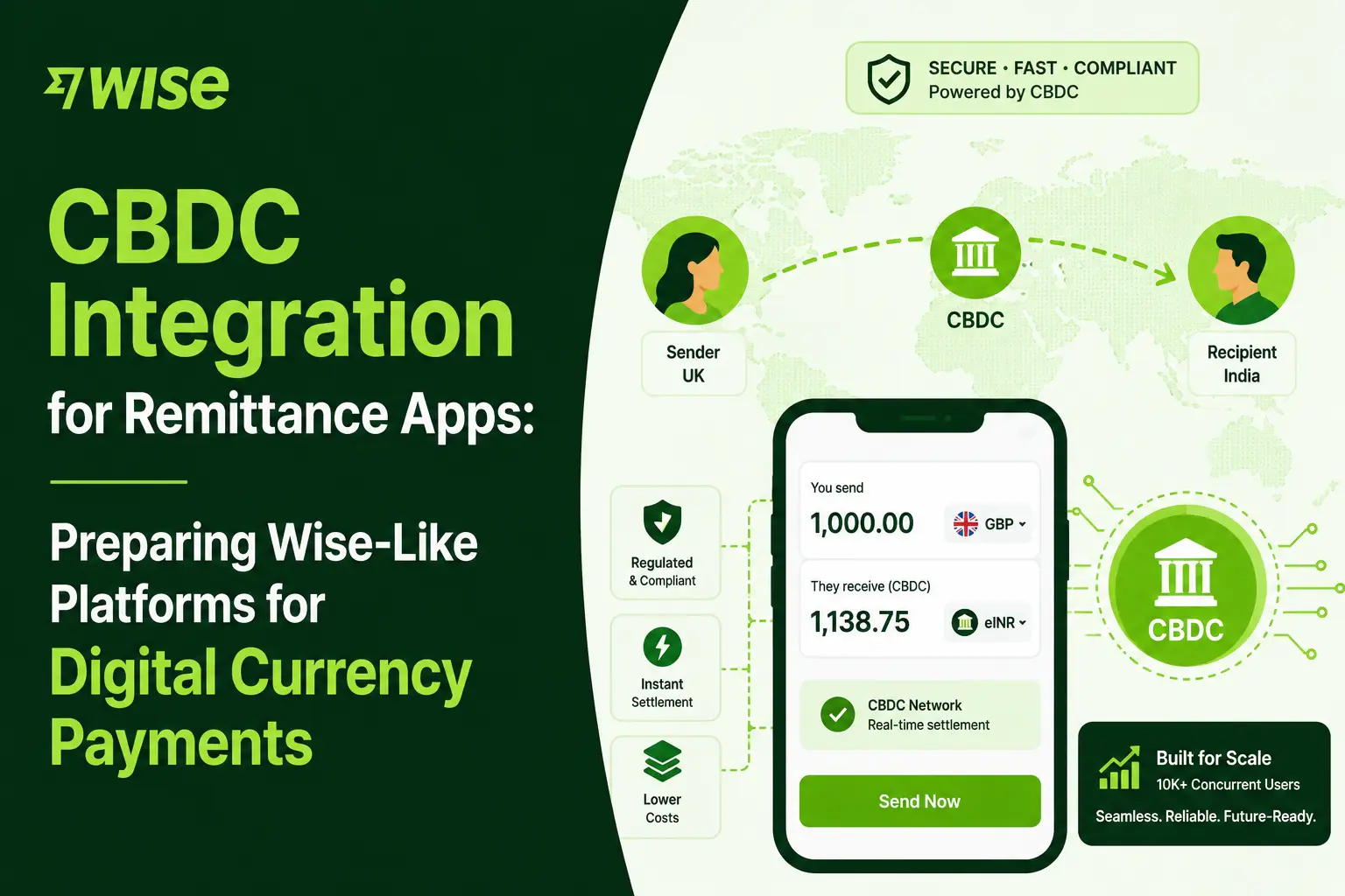 CBDC integration for remittance apps showing Wise-like digital currency payments, sender to recipient transfer flow, compliance, instant settlement, and lower costs