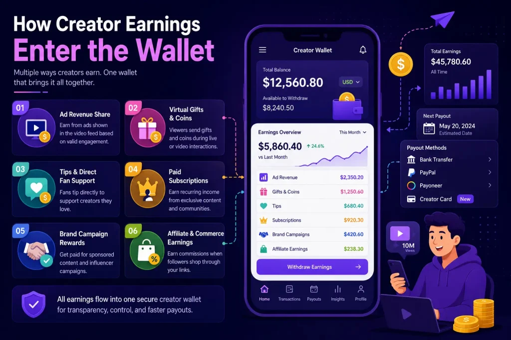 Creator wallet dashboard showing ad revenue, gifts, subscriptions, tips, affiliate earnings, brand campaigns, payout methods, and creator income tracking.