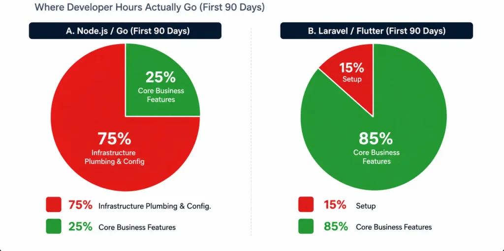 A visual infographic contrasting developer effort allocation: a Fragmented Node.js stack focuses 75% on infrastructure plumbing, while the Miracuves Laravel monolith focuses 85% on building core revenue-generating features.