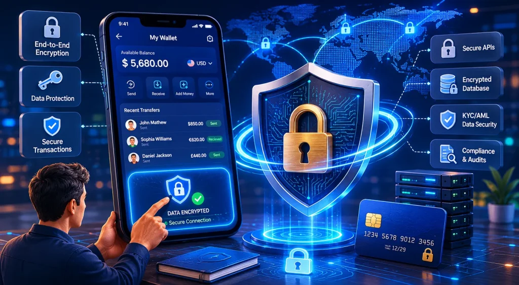 Secure fintech application with encrypted transactions, protected APIs, and financial data security systems