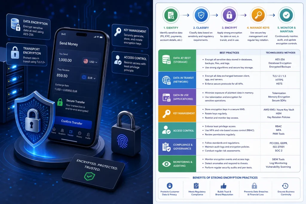 Financial app encryption infographic showing AES-256 encryption, TLS security, key management, compliance, and secure fintech practices