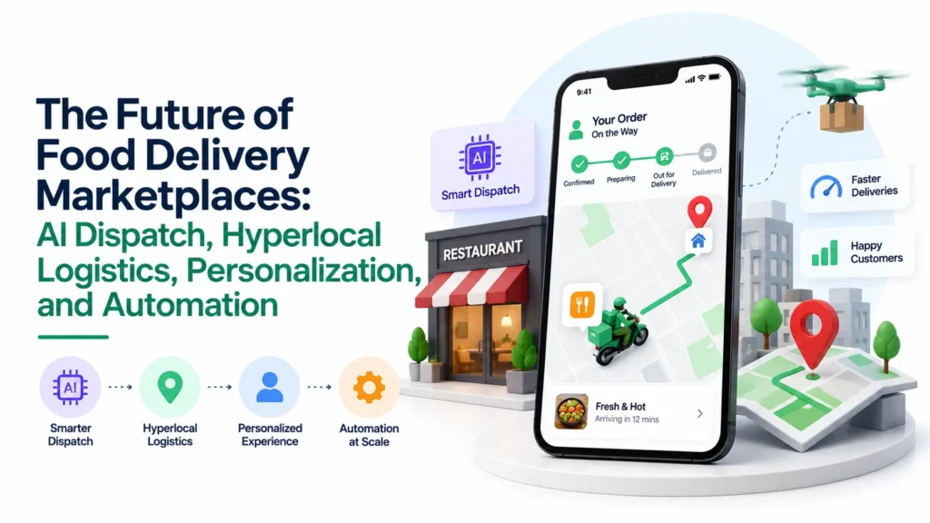Future of food delivery marketplaces with AI dispatch, hyperlocal logistics, personalization, and automation