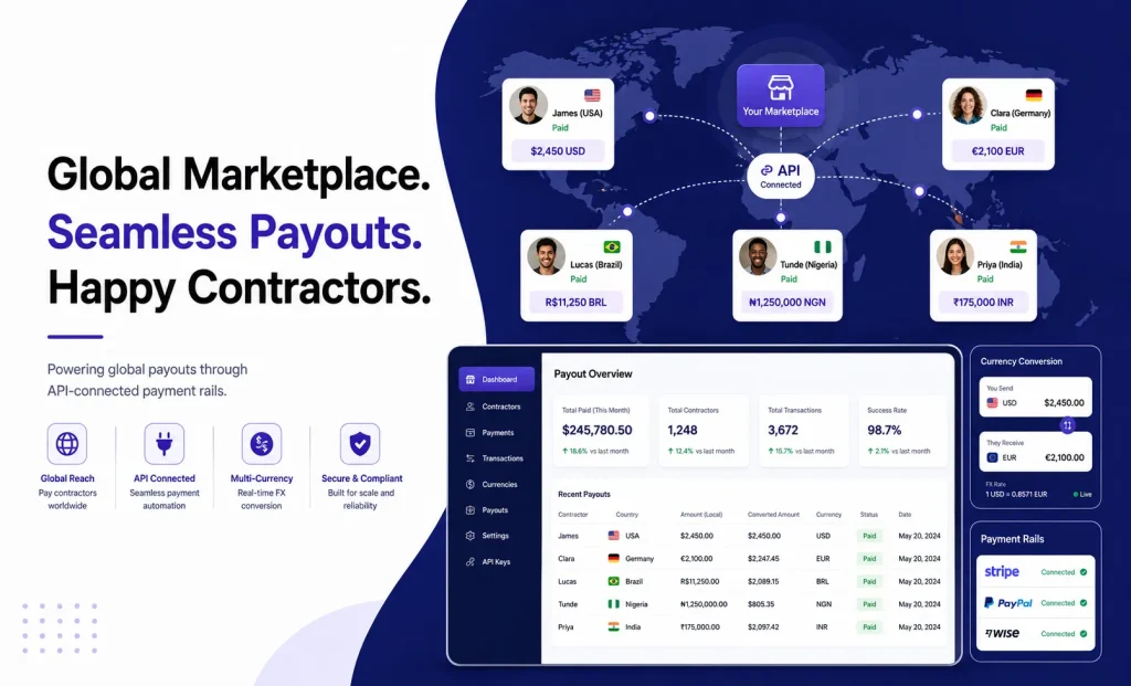 Global marketplace payout platform with seamless contractor payments and multi-currency settlements