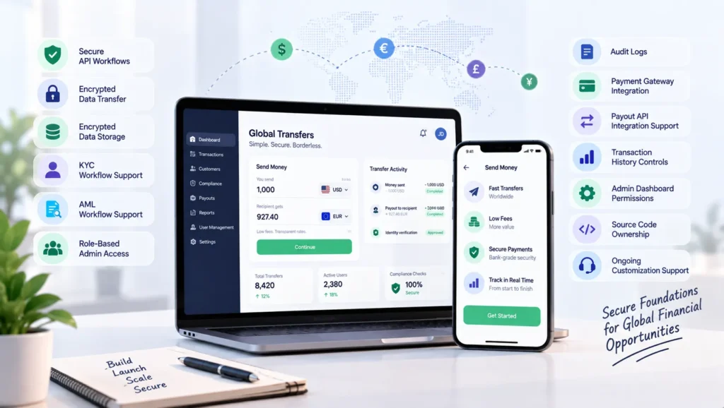 Financial App Encryption Best Practices: How to Secure Data in Wise Clone Platforms 2 Global money transfer platform with secure APIs, encrypted data, KYC and AML workflows, payment gateways, payout integrations, and admin controls.