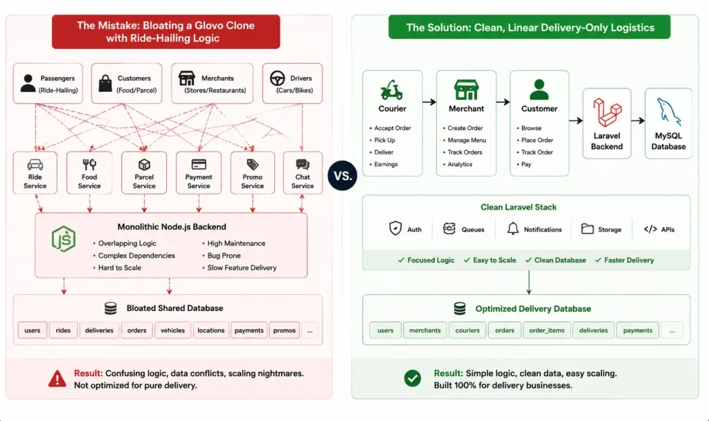 A comparative technical diagram illustrating the architecture mistake of combining ride-hailing and food delivery in a fragmented stack, against the correct streamlined, linear logistics model used in the Miracuves Glovo-style clone build.