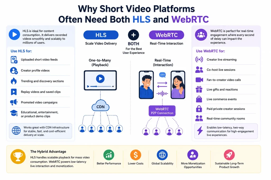 Infographic explaining why short video platforms use both HLS and WebRTC for scalable video playback and real-time creator interaction.