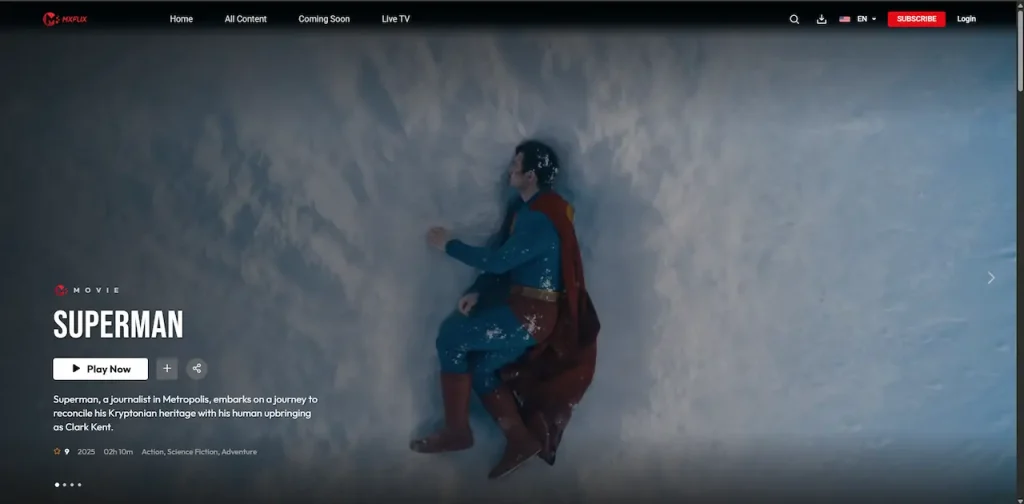 White Label Video Streaming Platform 45 Desktop streaming homepage featuring a Superman hero banner with playback, title information, navigation, and subscription access