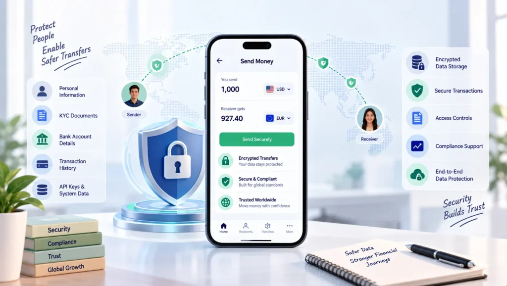 Financial App Encryption Best Practices: How to Secure Data in Wise Clone Platforms 1
International money transfer data security covering personal information, KYC documents, bank details, transaction history, encrypted storage, and access controls.