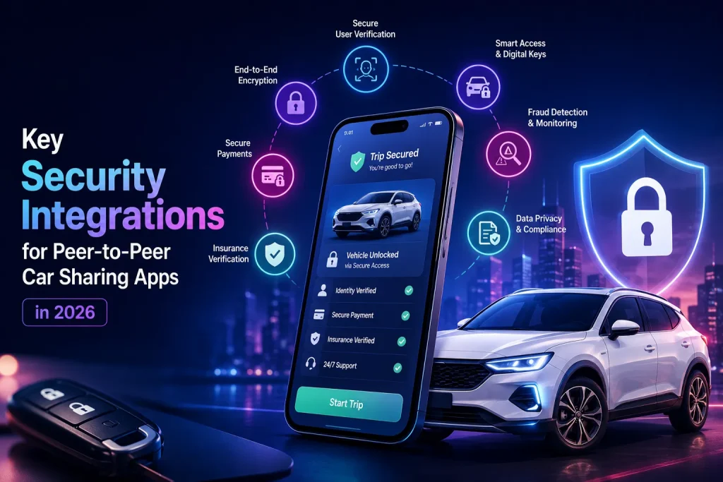 P2P car sharing Script security integrations showing user verification, digital keys, fraud monitoring, encrypted payments, insurance verification, compliance, and secure vehicle access.