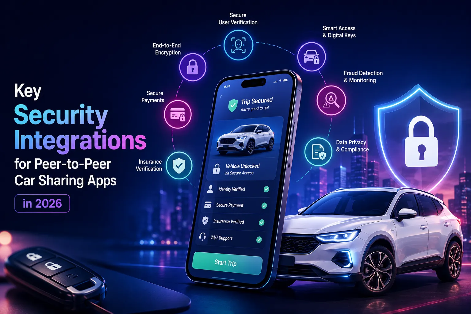 P2P car sharing Script security integrations showing user verification, digital keys, fraud monitoring, encrypted payments, insurance verification, compliance, and secure vehicle access.