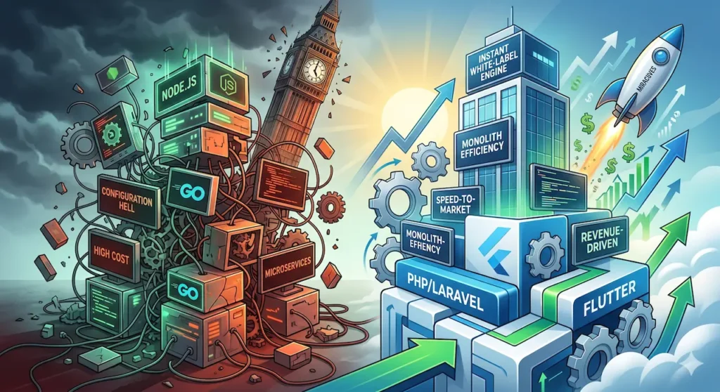 A side-by-side illustration comparing a chaotic, tangled tech stack of Node.js and Go microservices against a clean, organized, and scalable structure built with PHP, Laravel, and Flutter, featuring a Miracuves rocket launching towards business growth.