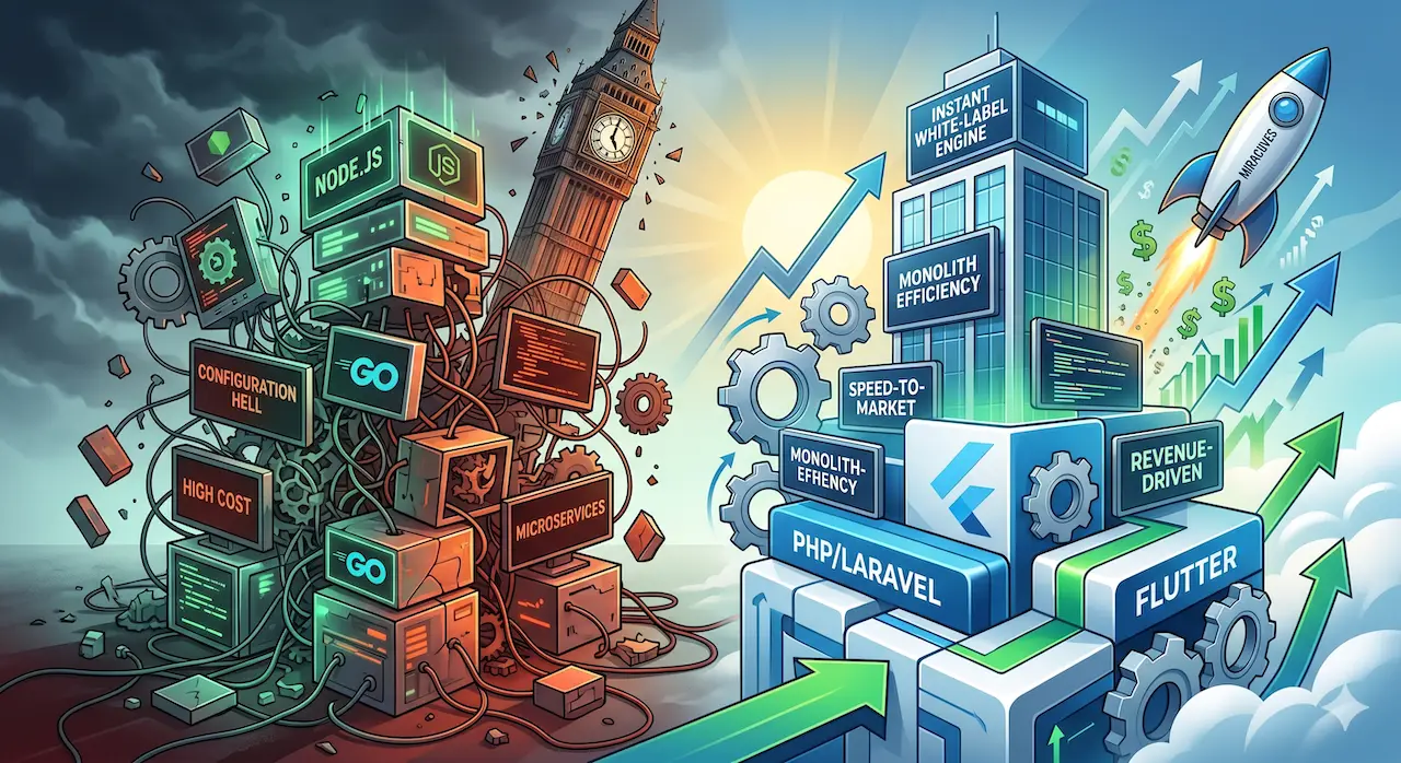 A side-by-side illustration comparing a chaotic, tangled tech stack of Node.js and Go microservices against a clean, organized, and scalable structure built with PHP, Laravel, and Flutter, featuring a Miracuves rocket launching towards business growth.