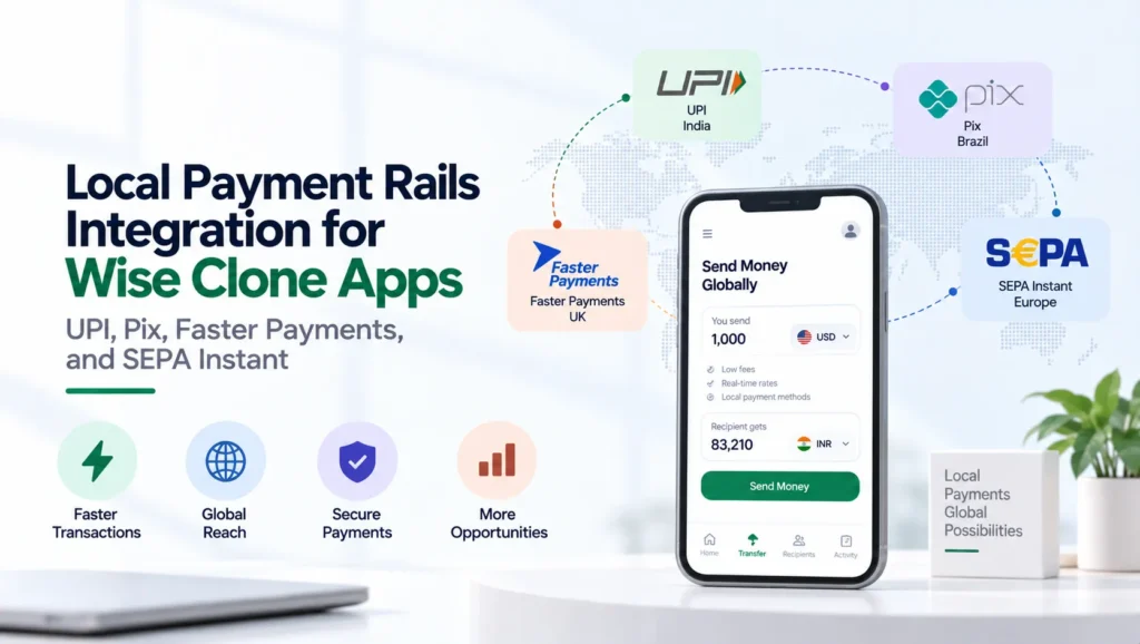 Local payment rails integration for Wise clone apps using UPI, Pix, Faster Payments, and SEPA Instant for secure global transfers.