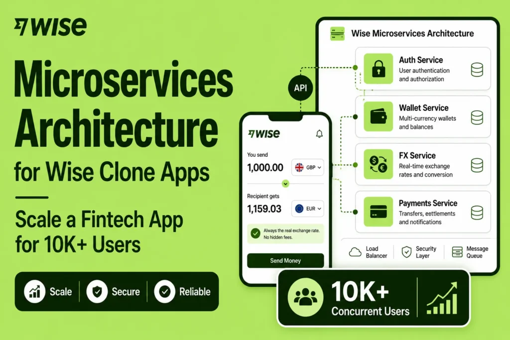 Wise clone app microservices architecture showing auth service, wallet service, FX service, payments service, API layer, load balancer, security layer, message queue, and support for 10K plus concurrent users