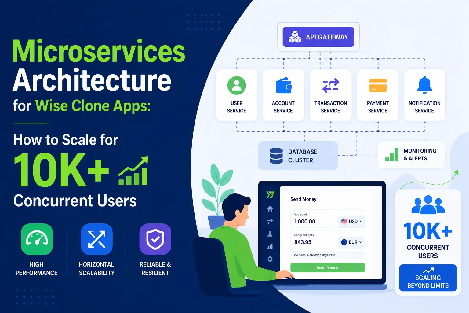 Microservices architecture diagram for Wise clone apps showing API gateway, independent services, database cluster, monitoring, and scalability for 10K plus concurrent users