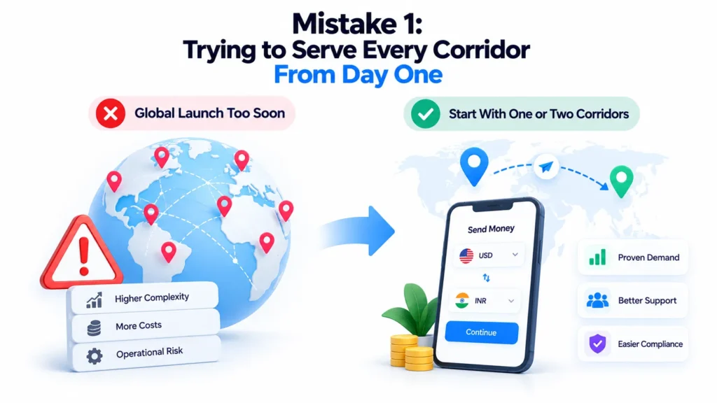 Cross-border payment platform mistakes of serving every payment corridor from day one instead of starting with one or two proven corridors