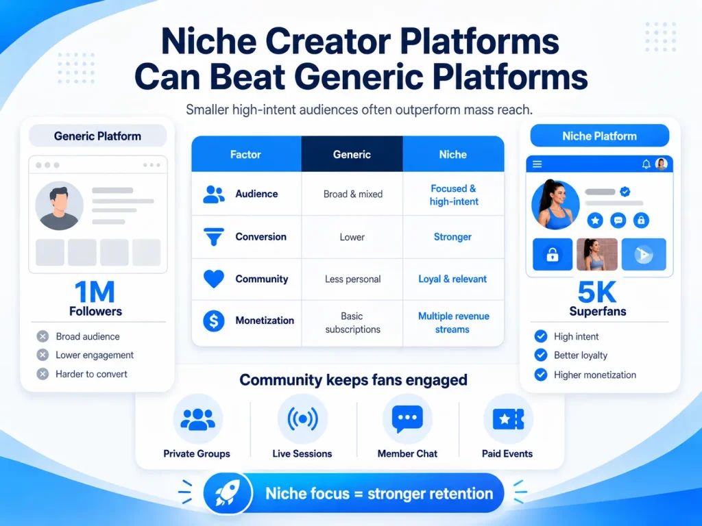 Niche creator platform comparison showing how focused superfans, stronger conversion, community engagement, and multiple revenue streams outperform generic platforms
