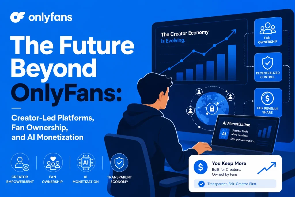Future beyond OnlyFans showing creator-led platforms, fan ownership, AI monetization, and creator economy growth dashboard