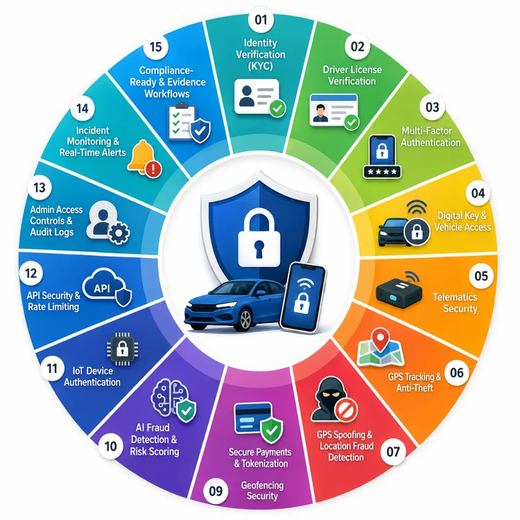 Infographic showing 15 security integrations for peer-to-peer car sharing apps including KYC, digital vehicle access, telematics security, fraud detection, GPS tracking, API protection, and compliance workflows.