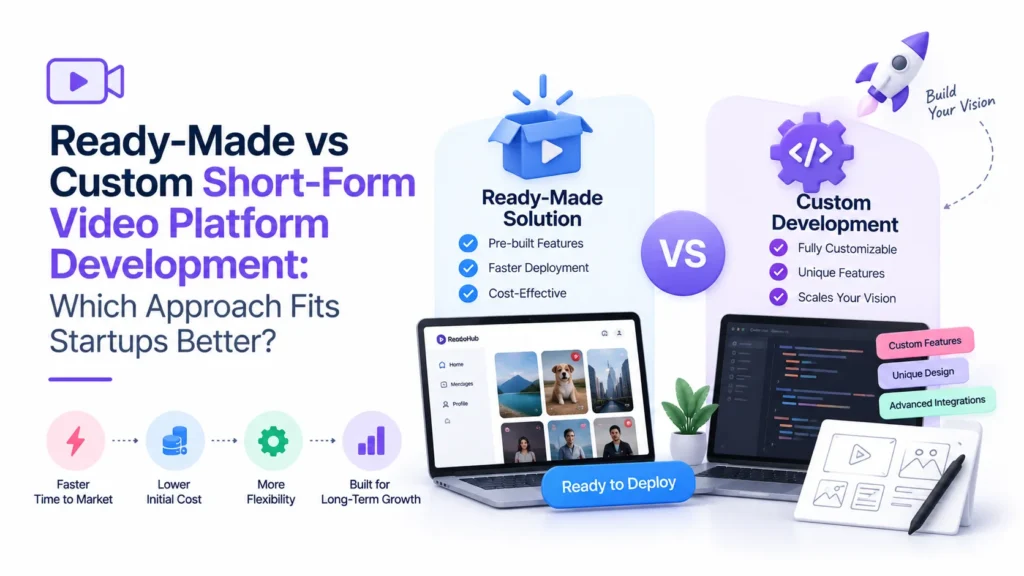 Ready-made vs custom short-form video platform development comparison showing deployment speed, cost, customization, unique features, integrations, and long-term scalability.