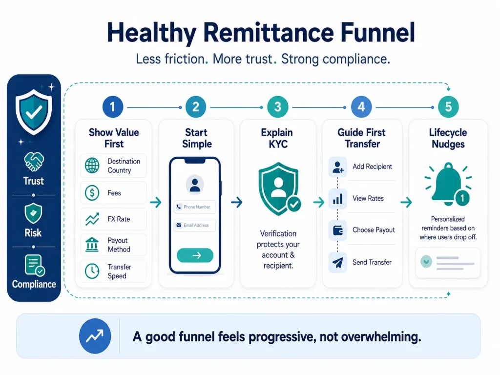 Healthy remittance funnel showing value-first onboarding, simple signup, KYC explanation, first transfer guidance, lifecycle nudges, trust, risk, and compliance.