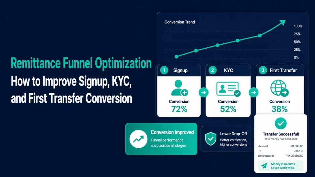 Remittance funnel optimization dashboard showing signup, KYC, and first transfer conversion stages