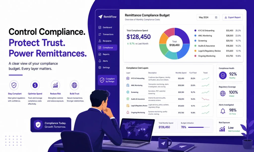 Remittance compliance dashboard showing KYC, AML, screening, audit, and regulatory compliance costs