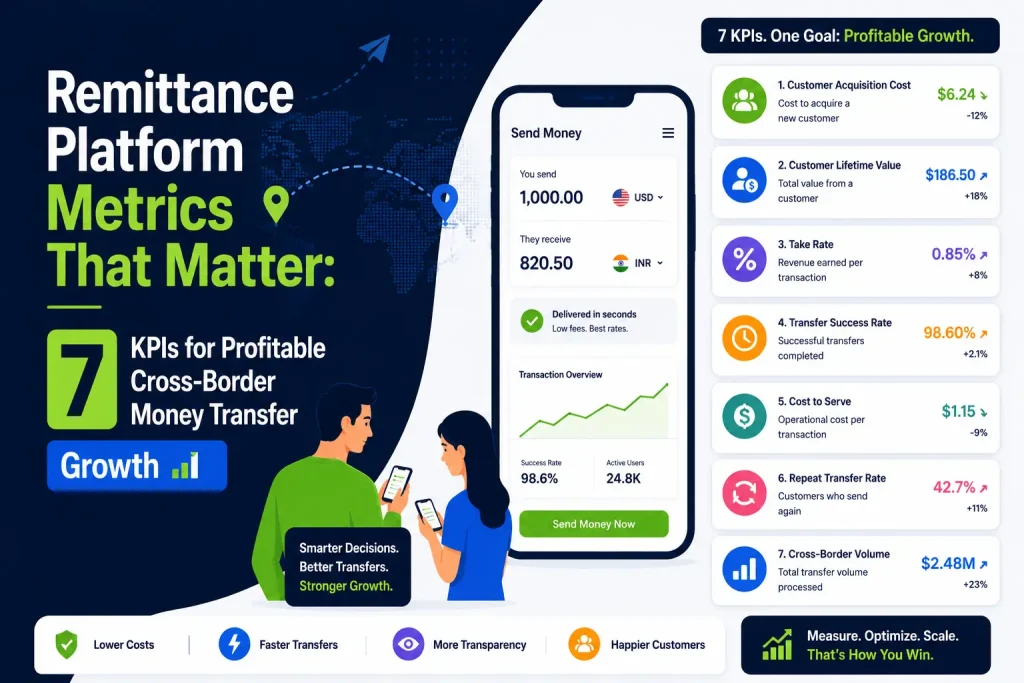 Illustration of remittance platform KPI metrics with a mobile money transfer app, growth charts, and cross-border payment indicators.