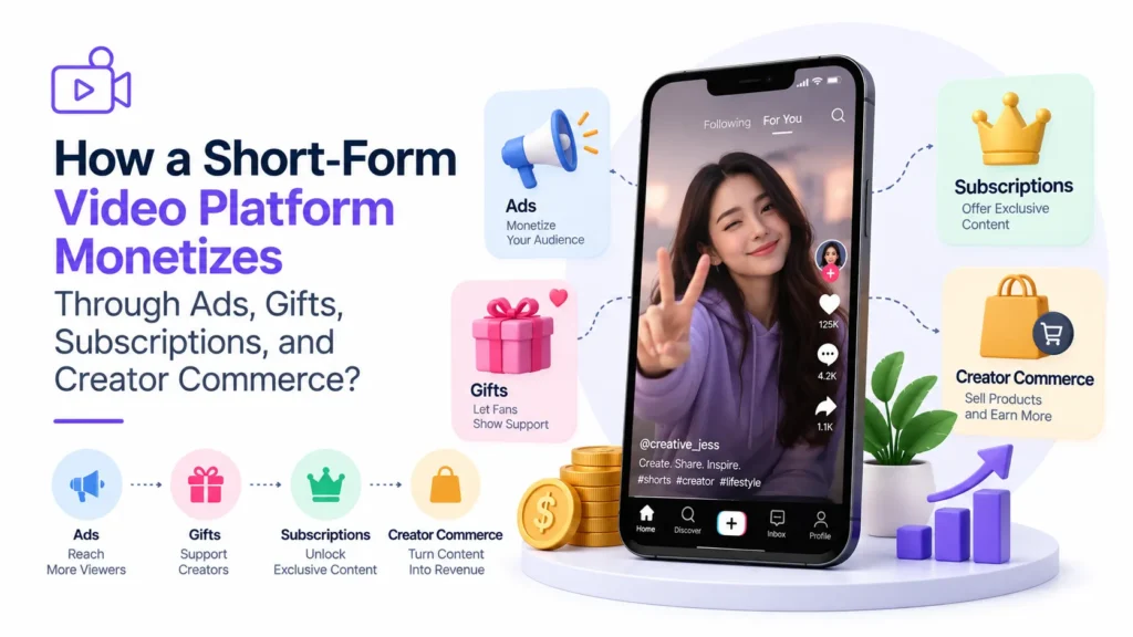 Short-form video platform monetization through ads, gifts, subscriptions, and creator commerce with multiple revenue opportunities for creators and platform owners.