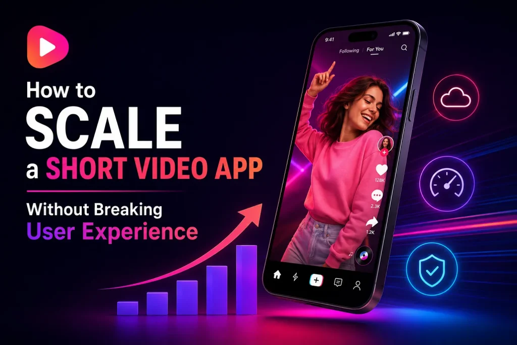 Short video app scalability illustration with TikTok-style interface, cloud infrastructure, speed optimization, and user experience growth concept