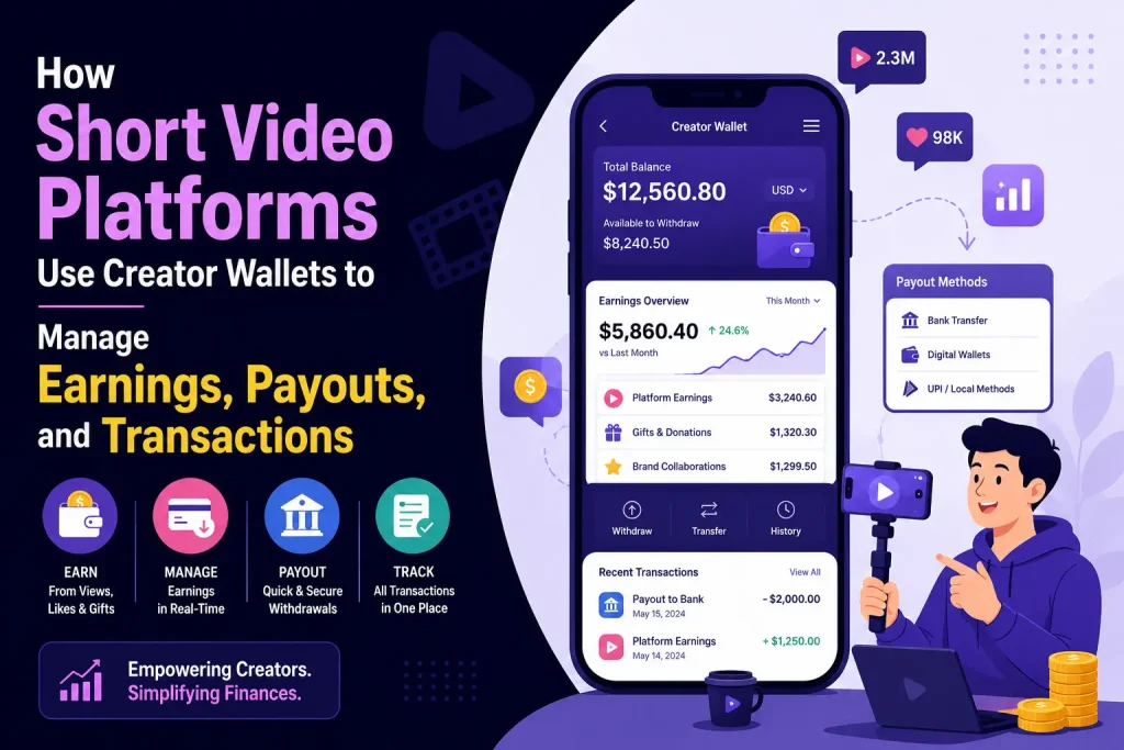 Short video platform creator wallet showing earnings dashboard, payouts, digital wallets, bank transfers, gifts, donations, and transaction management for creators.