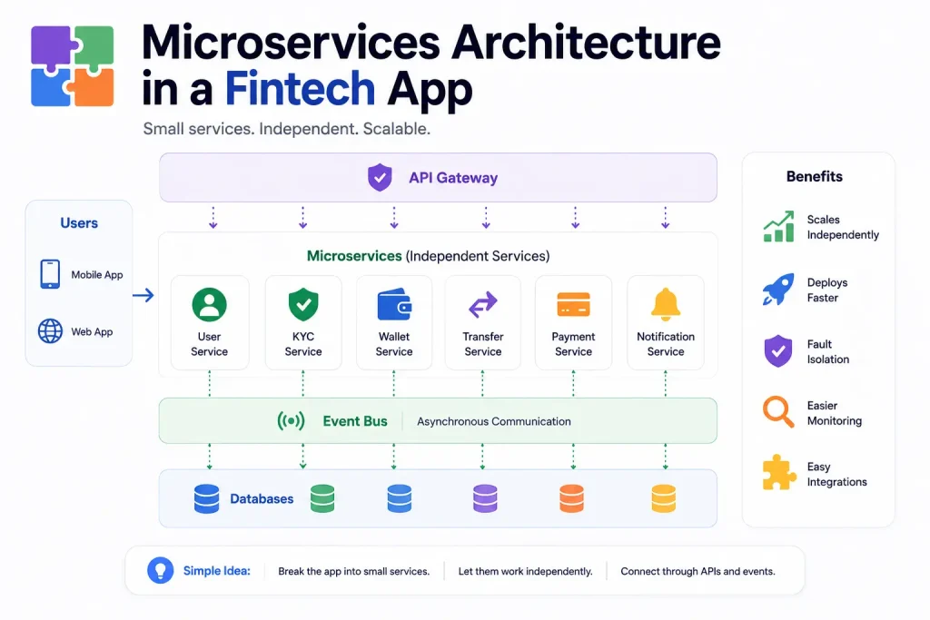 Microservices Architecture for Wise Clone Apps: How to Scale a Fintech App for 10K+ Concurrent Users 1 Simple microservices architecture infographic for a fintech app showing API gateway, independent services, event bus, databases, and scalability benefits