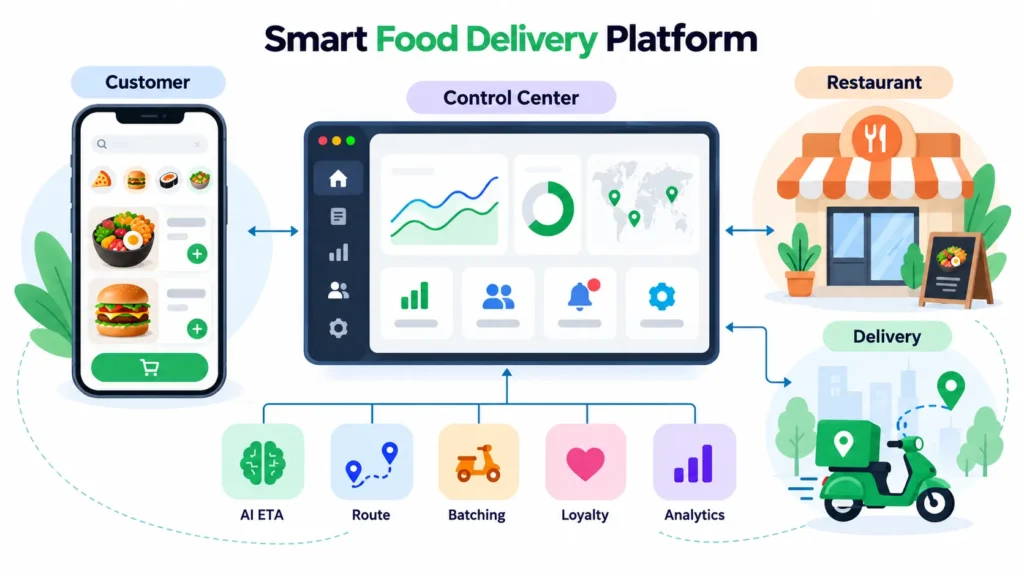 Smart food delivery platform connecting customers, restaurants, delivery partners, and central control system
