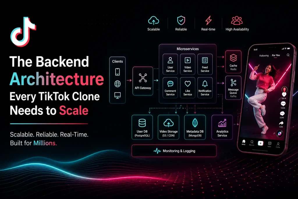 TikTok clone backend architecture diagram with microservices, API gateway, Redis cache, Kafka messaging, CDN storage, analytics, and scalable infrastructure