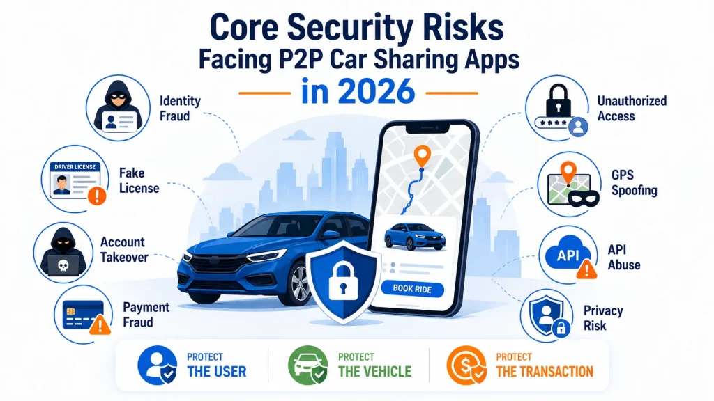 P2P car sharing app security risks showing identity fraud, fake licenses, account takeover, payment fraud, unauthorized access, GPS spoofing, API abuse, and privacy risks.